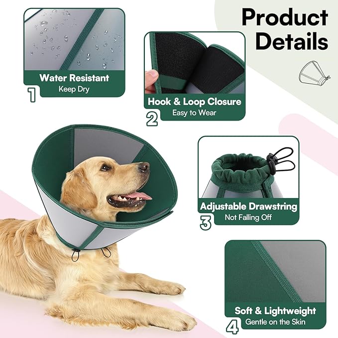 Queenmore Dog Cones for Medium Dogs, Soft Dog Cone, Cone for Dogs After Surgery, Adjustable Recovery Collar for Wound Healing, Comfortable Pet E-Collar to Stop Licking (Dark Green,M)