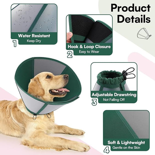 Queenmore Dog Cones for Large Dogs, Cone for Dogs to Stop Licking After Surgery, Adjustable Waterproof Dog Cone Collar Alternative, Comfortable Pet Recovery E-Collar (Dark Green,L)