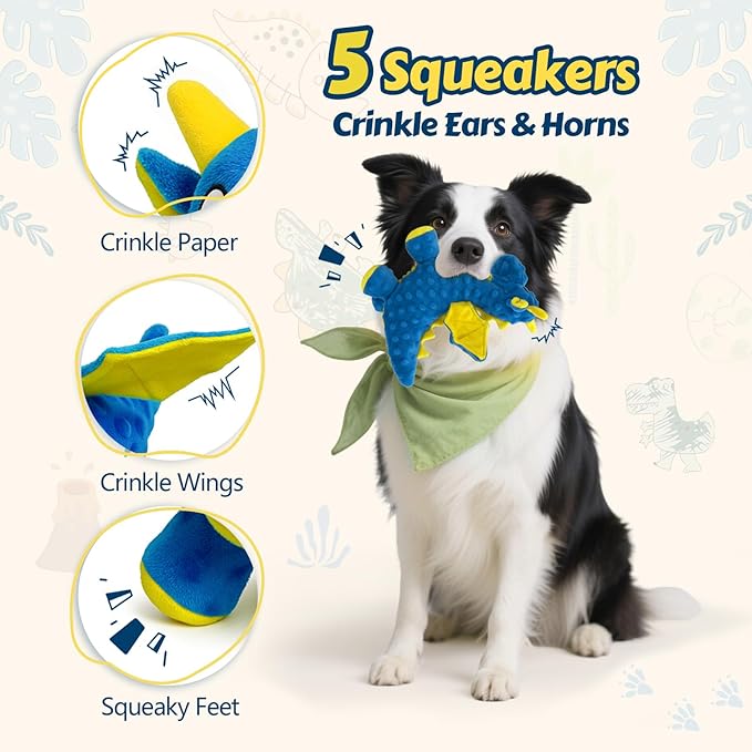 Squeaky Dog Toys - Soft Plush Dragon Dog Toy with 5 Squeakers & Crinkle Paper, Dog Toys for Small, Medium and Large Dogs (Blue,10")