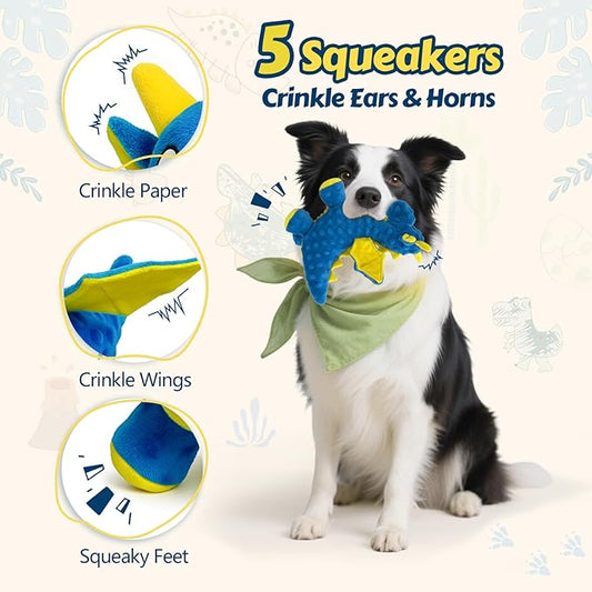 Squeaky Dog Toys - Soft Plush Dragon Dog Toy with 5 Squeakers & Crinkle Paper, Dog Toys for Small, Medium and Large Dogs (Blue,10")