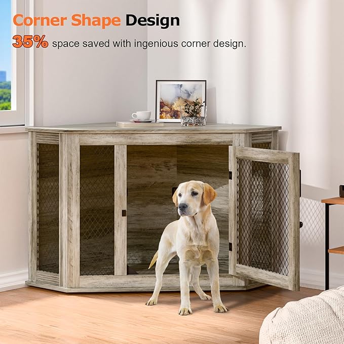 Coner Dog Crate Furniture, 52" Wooden Dog Kennel Furniture End Table with Mesh, Dog Kennel Indoor Furniture for Small Medium Large Dogs, Modern Decorative Wood Pet House Dog Cage Crate, Grey