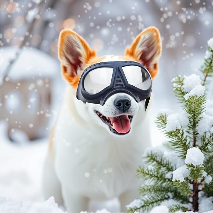 PETLESO Dog Goggles for Small to Medium Breeds, Small Dog Sunglasses UV Protection Windproof Snowproof, Outdoor Driving/Riding/Hiking Eyes Wear, Soft Frame Adjustable Straps, Silver Lens