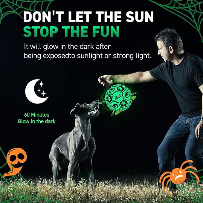 QDAN Glow in The Dark Halloween Dog Toys, Dog Ball with Straps, Soccer Ball for Dogs, Outdoor Dog Toys, Dog Birthday Gifts, Halloween Pet Toys for Medium to Large (8Inch)