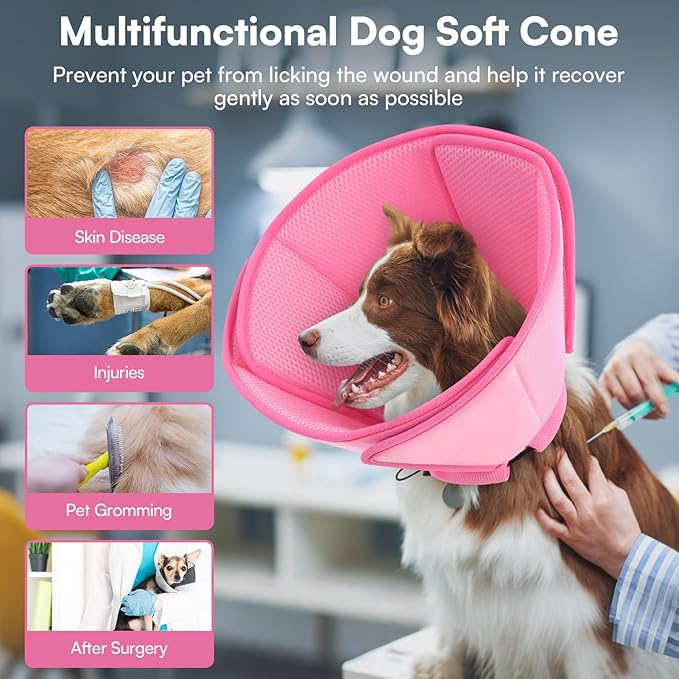 Queenmore Soft Dog Cones for Large Dogs,Comfy Dog Cone for Dogs to Stop Licking After Surgery,Adjustable Pet Cone Alternative for Wound Healing,Pink,X-Large