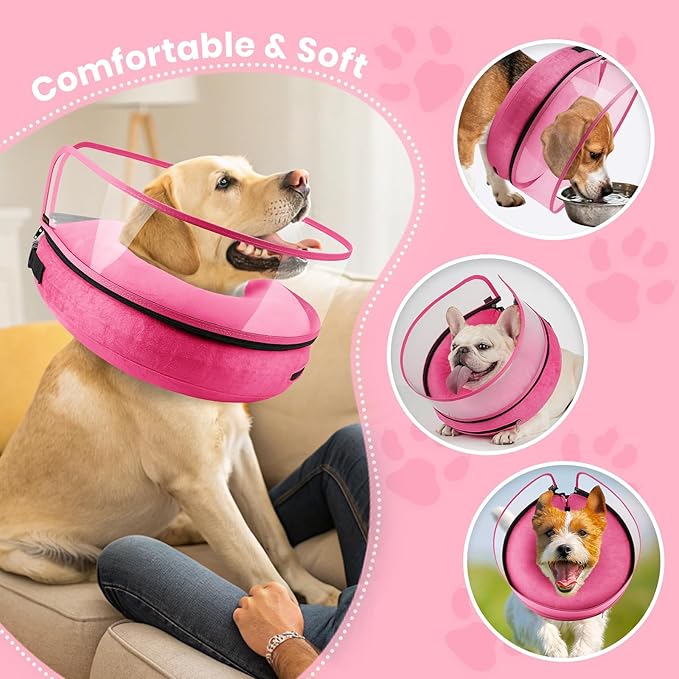 BARKLESS Dog Cone, Inflatable Dog Cone After Surgery, Soft Surgery Collar with Enhanced Anti-Licking Guard Shield for Pets, Patented Protective Donut Collar (Hot Pink, M (Neck: 8"-11"))