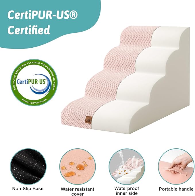 Dog Stairs for Small Dogs 19.7" H, Curved Dog Step for Puppy, Older or Cat, Medium Pet Ramp for Sofa, Couch or Bed, Ladder with High Density Foam, 4 Step, 15.7x28.3x19.7 inch, Pink