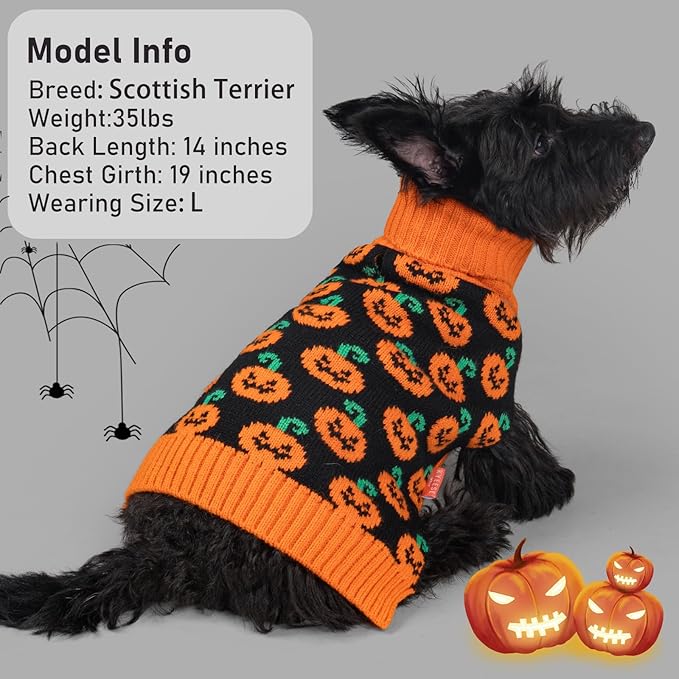 KYEESE Halloween Dog Sweater with Leash Hole Cute Pumpkin Turtleneck Pet Knitwear Extra Warm and Comfortable Orange Festival Pet Clothes for Medium Sized Dog Cozy Halloween Puppy Sweater, XX-Large