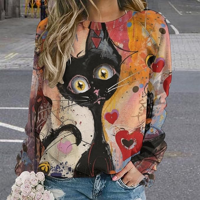 Biacolum Long Sleeve Shirts for Women Mid Century Retro Style Atomic Cat 3D Graphic Sweatshirts Fall Crewneck Pullover Top