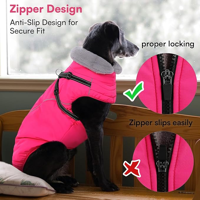 Queenmore Dog Jackets for Large Dogs,Dog Coat with Harness Built in,Waterproof Dogs Coats with Zipper On Back,Warm Fleece Lining Cold Weather Pet Coats with Furry Collar for Labrador,Rosered,XL