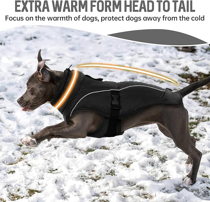 DENTRUN Winter Warm Dog Coat Reflective Jacket with Turtleneck for Cold Weather, Adjustable Buckle Windproof Water Repellent, Thick Snowsuit Fleece Vest for Small, Medium, Large Dogs, Black, M