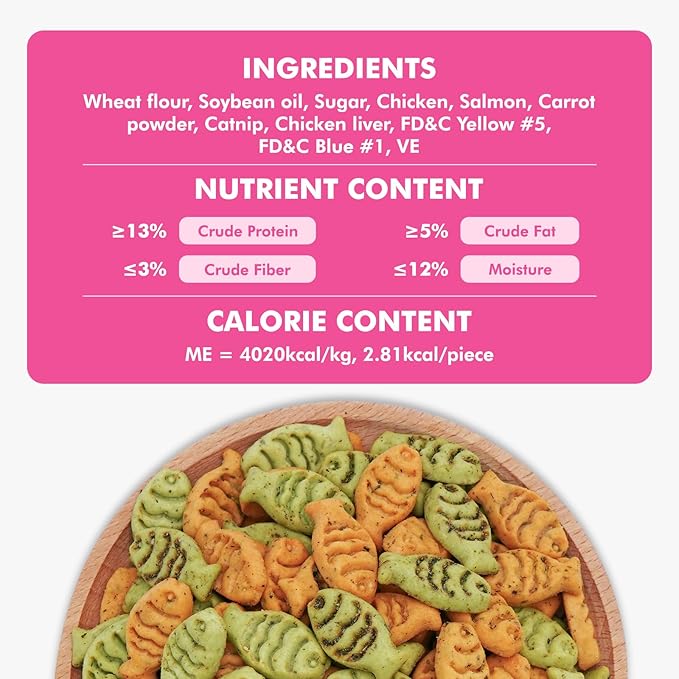 Puddonio Catnip Cat Treats, Chicken and Salmon Flavor Cat Snacks, Training Biscuits Treats for Cats, Crunchy Fish Shape Adult Cat Biscuits, 16 oz
