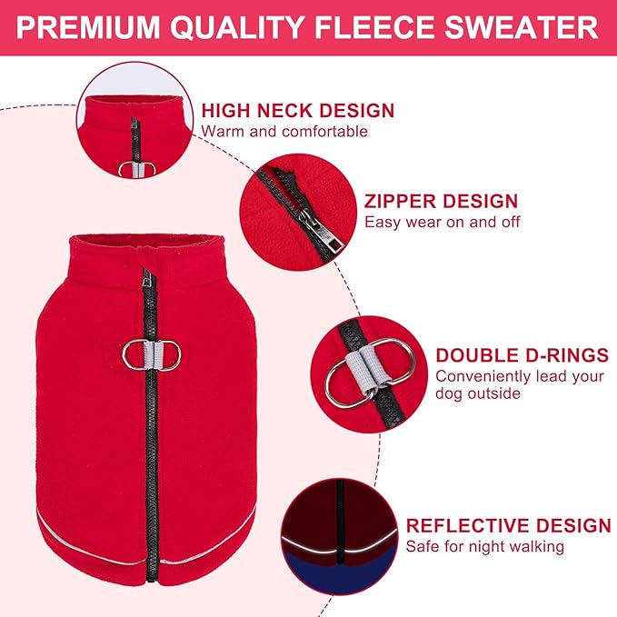 BEAUTYZOO Dog Fleece Vest Sweater Winter Jacket Zip Up Warm Pullover Step-in Dog Clothes with D-Ring Leash Cold Weater Reflective Coat Hoodie for for XS S M Dogs Puppy Cat Boy or Girl, Red Small