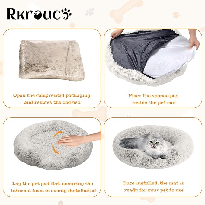 Fluffy Dog Bed Calming Donut Beds for Large Dogs Warming Round Small Medium Pet Nest Cozy Cat Mattress Indoor Washable Puppy Kennel Kittens Sleep Mat (S, 23.6×23.6 inch, Gradient Coffee)