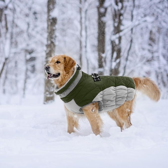 Lelepet Dog Coat Warm Dog Winter Coat Waterproof Dogs Jacket with Harness Built in Reflective Pet Fleece Vest Zip-Up Cold Weather Coats for Dogs Turtleneck & Windproof Coats Chihuahua Army Green XS