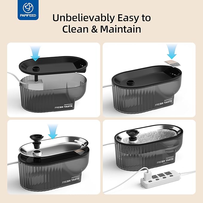 PAPIFEED Cat Water Fountain+ Stainless Steel Tray + 1 Silicone Mat+5 Filters+2 Sponges, 84 oz/2.5L Automatic Pet Drinking Fountain, Ultra Quiet Pet Fountain with Stainless Steel Tray, Easy to Clean