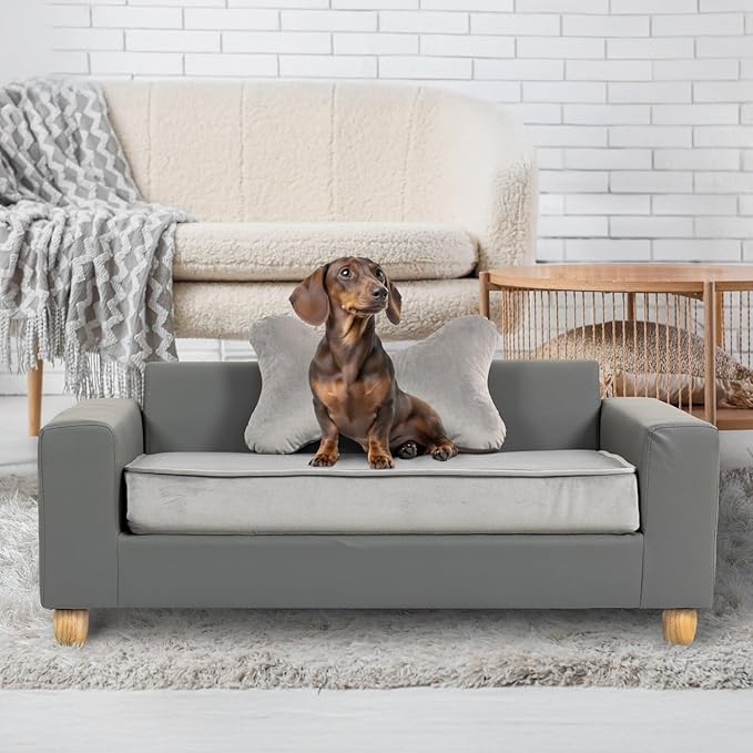 CRITTER SITTERS 43” Faux Leather Ped Bed in Dark Grey, Durable Washable Sofa Couch for Large Cats & Dogs, Must Have Essential Furniture Accessory for Kittens & Puppies