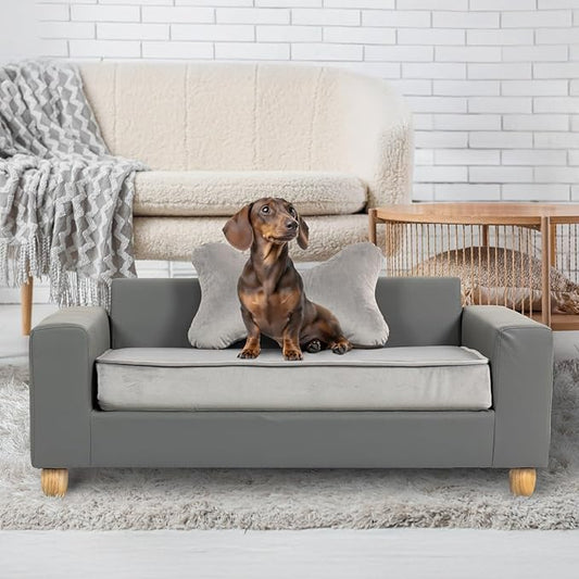 CRITTER SITTERS 43” Faux Leather Ped Bed in Dark Grey, Durable Washable Sofa Couch for Large Cats & Dogs, Must Have Essential Furniture Accessory for Kittens & Puppies