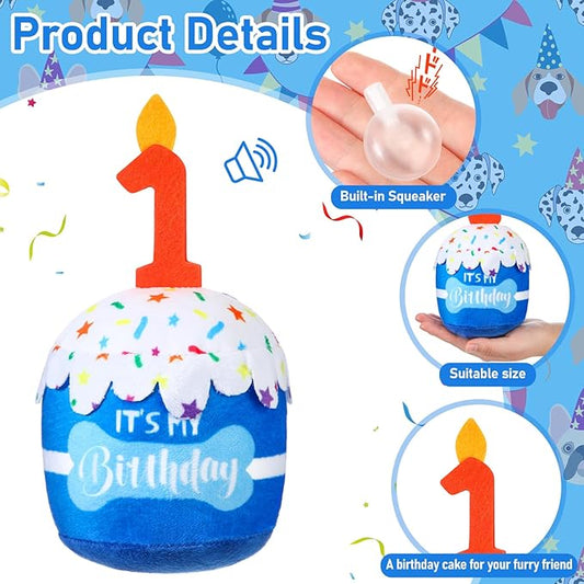 Dog Birthday Cake Toy Accessories for Girl Boy Gifts, Squeaky Plush Toy for Dog Birthday Party Decor Favor for Large, Medium and Small Dogs (1st,Blue)