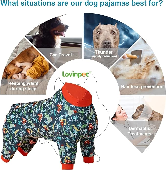 LovinPet Dog Sweatshirt, Lightweight Stretchy Fabric, Dark Green Dinosaur Print, Sun Protection, Pet Anxiety Relief Shirt, Easy Wearing Dog Onesie, Dog Costume for Parties,2XL