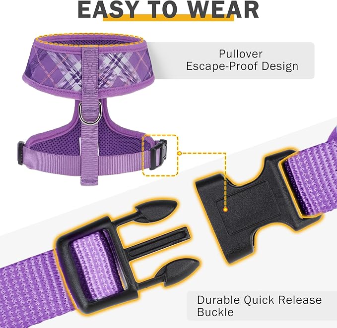 SCENEREAL No Pull Dog Harness Collar and Leash Set Small Medium Sized Dog, Soft Mesh Step in Puppy Harnesses, No Chock Plaid Adjustable Pet Vest for Outdoor Walking Training and Running, Purple XS