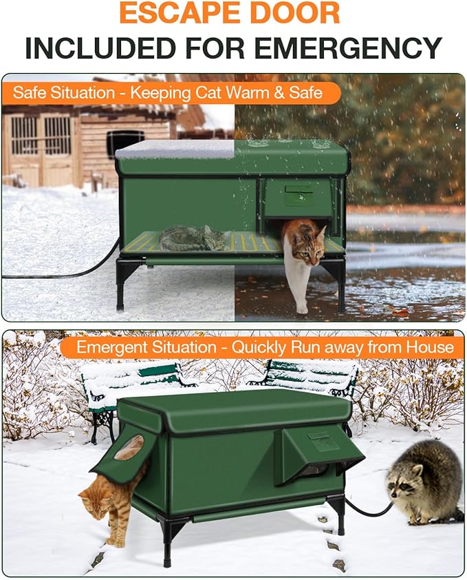 Indestructible Heated Cat House for Outside Winter, 100% Waterproof, Safe Escape Door, Insulated Outdoor Cat Shelter with Heater for Feral Barn Cat Kitty (Green, 12"x16"x18")