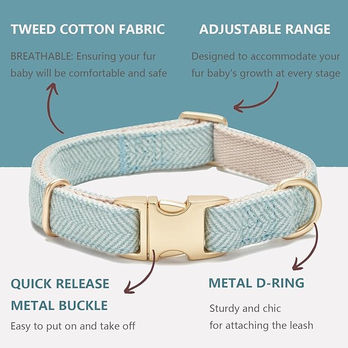 Soft Hemp Dog Collar and Leash Set Adjustable Woven Twilled Dog Collars with Metal Buckle and Lead for Small Medium Large Dogs,Blue