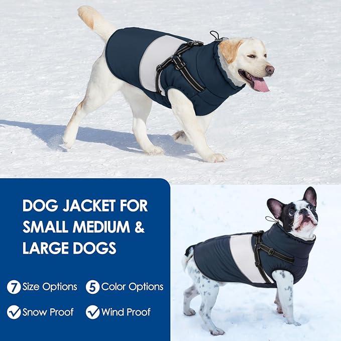 KOESON Dog Coat, Warm Dog Winter Jacket with Harness, Waterproof Pet Cold Weather Coats with Fleece Lining, Reflective & Windproof Snowsuit Sweater for Schnauzer, Yorkshire, Dachshund, Navy Blue S