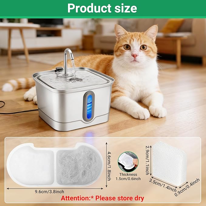 12+12 Pack Cat Water Fountain Filters Replacement for SEIRMEP 101oz/3L Stainless Steel Cat Water Fountain, Includes 12 Filters & 12 Sponges