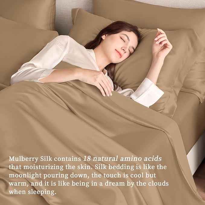 THXSILK Silk Sheet Set 4Pcs, 6A+ Top Grade 100% Natural Mulberry Silk Bed Sheets, Luxury Bedding Sets Ultra Soft Durable Breathable, 1 Fitted Sheet, 1 Flat Sheet and 2 Pillow Shams (King, Taupe)