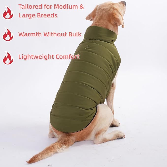 LovinPet Reversible Dog Puffer Coat for Medium & Large Dogs, Down‑Insulated Winter Jacket, Water‑Resistant & Wind‑Resistant, Anti‑Static, Dual-Sided Dark Green & Grey for Cold Weather,3XL