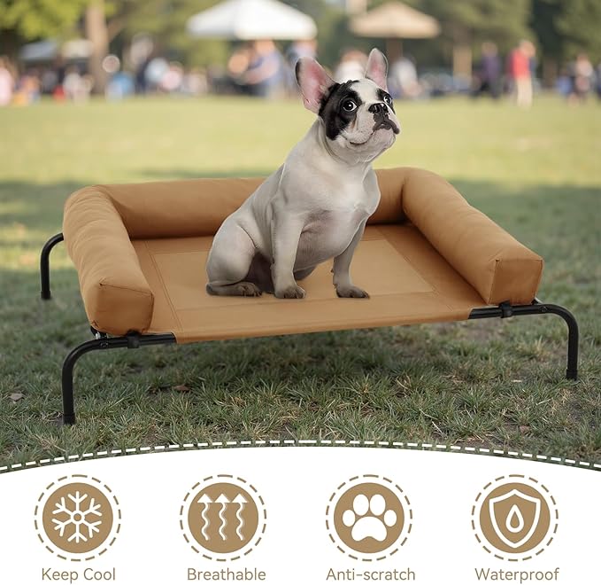 Athena Collection Outdoor Elevated Dog Bed with Removable Bolsters, 42 Inches Raised Dog Cot Washable with Metal Frame Non-Slip Feet for Medium Size Dog, Brown