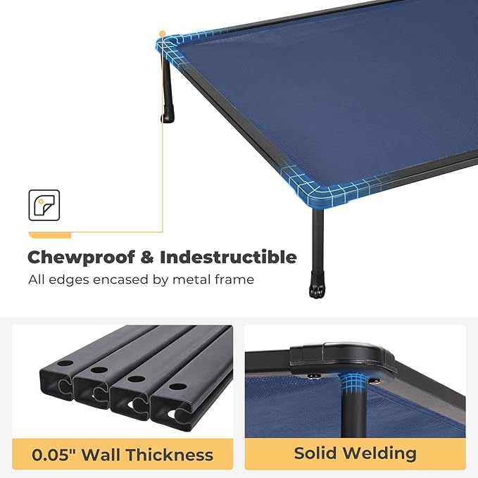 Veehoo Chewproof Elevated Dog Bed - Cooling Raised Pet Cot, Breathable Mesh, Washable & Non-Slip for Large Dogs, Indoor/Outdoor, Blue Mat and Black Frame, 49x33inches (Model CWC2203A03)