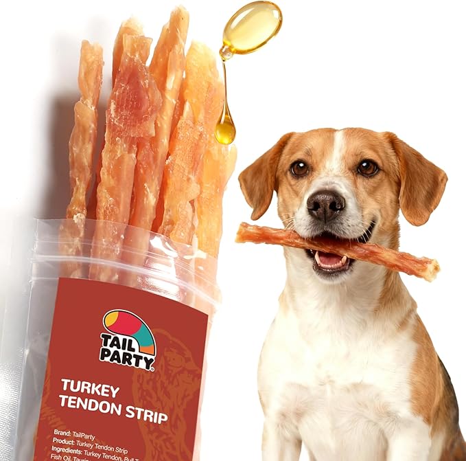 TailParty Turkey Tendons for Dogs with Fish Oil & Taurine: All Natural Dental Chew Stick & Puppy Training Treats Long Lasting Snack for Health-Conscious Pet Owners(Strip)