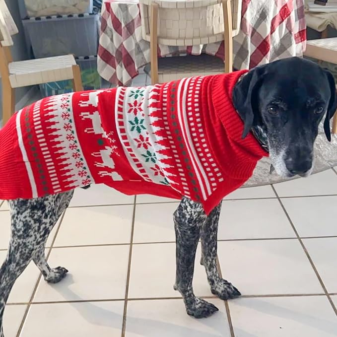 KYEESE Dog Christmas Sweater, Warm Turtleneck Dog Sweater for Large Dogs Boy Girl with Snowflake Reindeer Pattern, Winter Doggie Knitwear with Leash Hole, Cozy Winter Outfit, XXX-Large