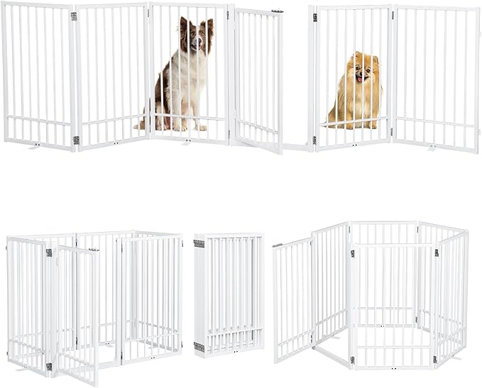 Metal Freestanding Dog Gate with Door, Extra Wide 121", 31" Height Foldable for Doorways, Tall Fence Indoor Outdoor Pet Barrier for Stairs Hallways, 6 Panels, White