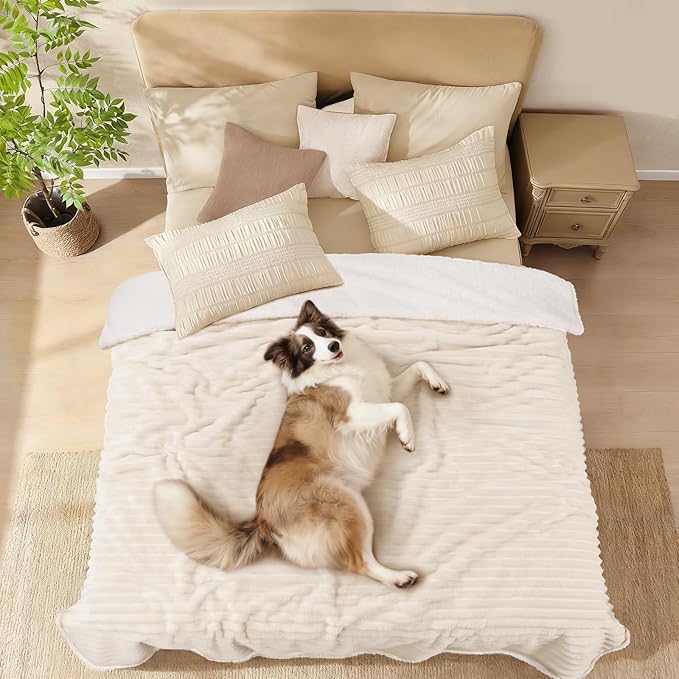 Luciphia Waterproof Dog Blanket for Large Dogs Ultra-Soft Calming Cut Pile Flannel Throw Durable & Warm Furniture Protection for Couch Bed Pet Blanket Machine Washable Soft White,L(65''x57'')