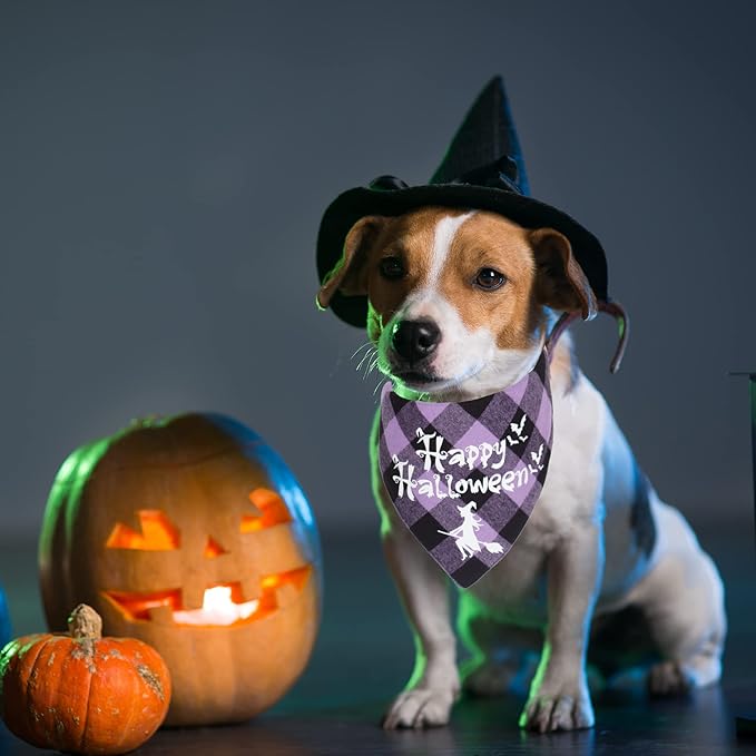 ADOGGYGO Halloween Dog Bandanas, Classic Orange Purple Plaid Pet Scarf Bib, Premium Cotton Fabric, Multiple Sizes, Halloween Bandanas for Small Dogs Pets (Small)