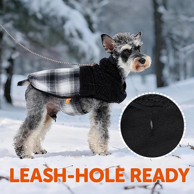 FOFOS Dog Winter Coat, Plush Dog Jacket with Leash Hole, Adjustable Warm Pet Snow Vest for Small Medium Dogs, Black, XL