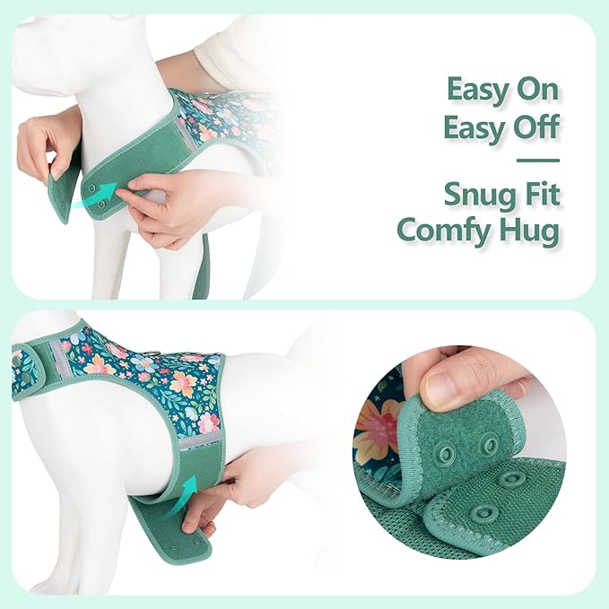 Dog Harness for Small Sized Dog,Hook-and-Loop Easy On/Off, Reflective Adjustable Soft Mesh Vest for Puppy (Green Floral Print,S)
