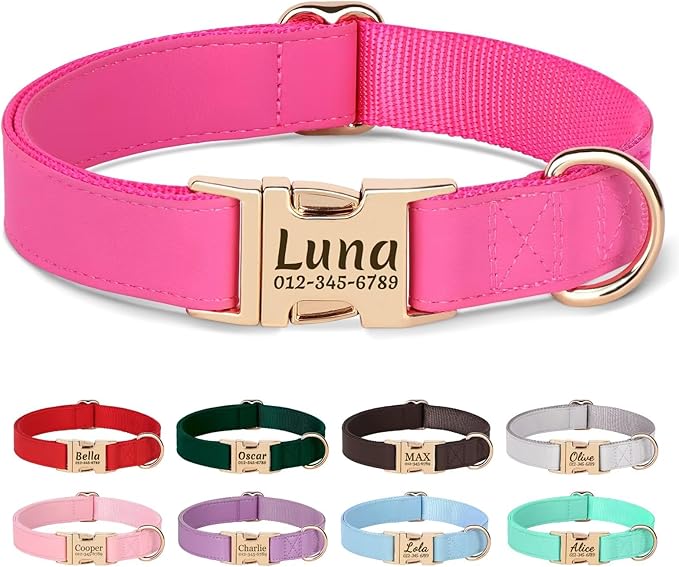 PET ARTIST Personalized Dog Collars, Custom Engraved Dog Collar with Silent Name Tag, Gold Quick Released Buckle & Soft Nylon Padded, 9 Colors & Matching Leash for Medium Dogs,Hot Pink,M Fit 13-19"