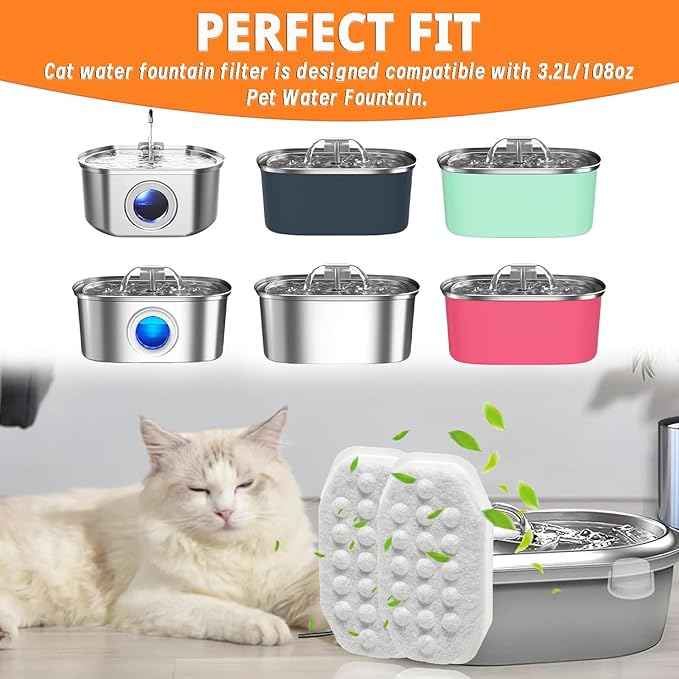 12 Pack 3.2L/108oz Cat Water Fountain Filters Replacement and 12 Pack Pre-Filter Sponges for Stainless Steel Automatic Pet Fountain Dog Water Fountain