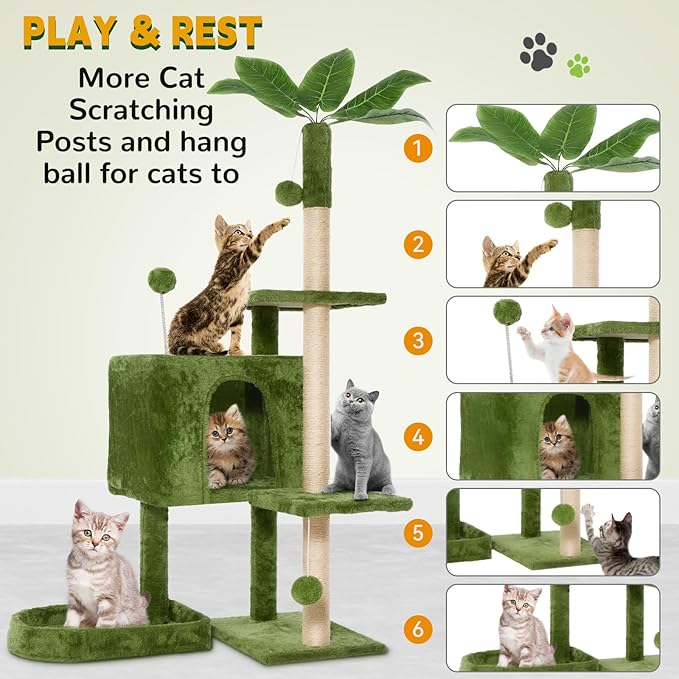 52" Cat Tree Cat Tower for Indoor Cats with Green Leaves, Multi-Level Cozy Plush Cat Condo Cat House Scratching Posts for All Breeds Sizes