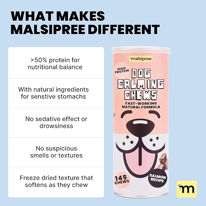 MalsiPree Calming Chews for Dogs - 145 pcs Salmon - Helps Regulate Mood - Anxiety Relief Treats - No Sedative Effect - Freeze Dried - with Passion Flower & Melatonin
