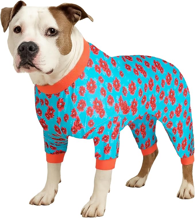 LovinPet Dog Clothes Large Size Dog Boy, Anti Licking Bodysuit, Pajamas for Pitbulls, Pajamas for Large Dogs, Post Surgery,Tretchy Skin-Friendly Fabric,Mint & Dark Coral Floral Print, 3XL