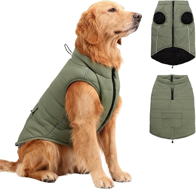 Dog Winter Coat - Waterproof Cold Weather Coat with Thick Padding, Windproof Dog's Snow Jacket with Neck & Tail Drawstrings, Reflective Puppy Jacket - Dog Coats, Olive Green XXL