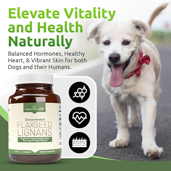 Lignans For Life Flaxseed Lignans for Dogs & People + SDG - Omega 3 Fatty Acids, High Fiber Antioxidants - Improve Shiny Coat, Digestive & Heart Health for Dogs, 15mg, 180 Flaxseed Capsules, 1 Pack