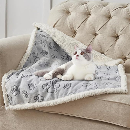 Qeils Dog Blankets for Small Dogs - Waterproof Pet Blanket Washable - Sherpa Fleece Puppy Blanket, Soft Plush Reversible Dog Blanket for Bed Couch Car Sofa, 30"X40", Grey Paw Print