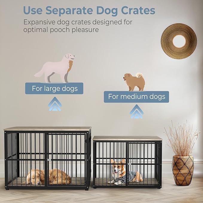Lyromix 43'' Dog Crate Furniture with 3 Doors, XL Wooden Crate End Table, Heavy Duty Indoor Puppy Cage Kennel for Medium to Large Dogs, Multiple Units Can be Combined