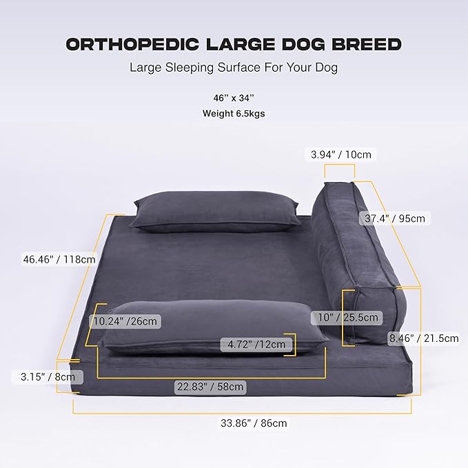 Luxury Orthopedic Dog Bed with Bolsters – Modern Sofa-Style Pet Lounger with Supportive Pillows – Waterproof & Washable Cover – Large Dog Bed for Indoor & Outdoor Use, Grey 46" x 34"