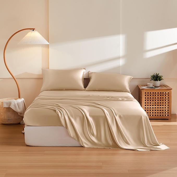 THXSILK Silk Sheet Set 4Pcs, 6A+ Top Grade 100% Pure Mulberry Silk Bed Sheets Ultra Soft Durable Luxury Bedding Sets, 1 Fitted Sheet, 1 Flat Sheet and 2 Pillowcases (Twin-XL, Champagne)